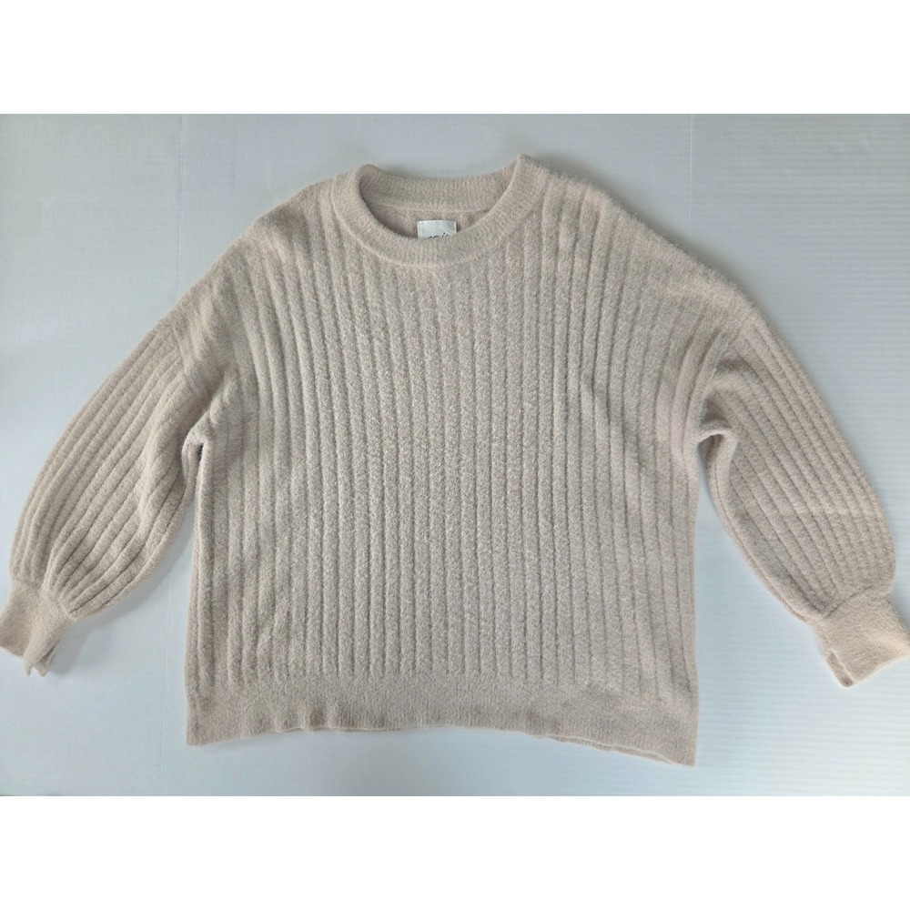Aerie Womens Medium Rose Ribbed Fuzzy Crewneck Sweater Balloon Sleeve Pullover